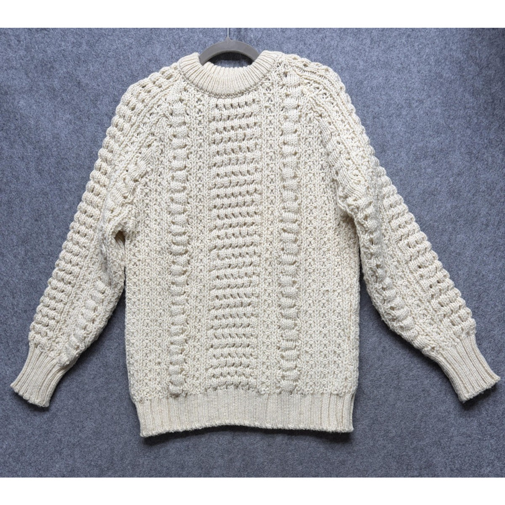 Malinmor Sweater Mens Small White Wool Cable Knit Aran Crewneck Ireland Warm